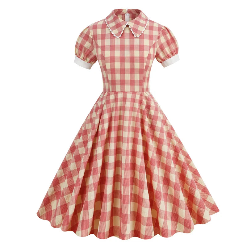 Robe Cocktail Vintage Années 50 - Style Rockabilly à Carreaux, Col V, Manches 3/4 - Robe Portefeuille Avec Jupon - Soirée, Bureau, Mariage