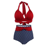Maillot de bain vintage bleu à pois rouge retro pin-up swimsuit