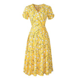 Robe Portefeuille Fleurie Années 50 - Jaune / S