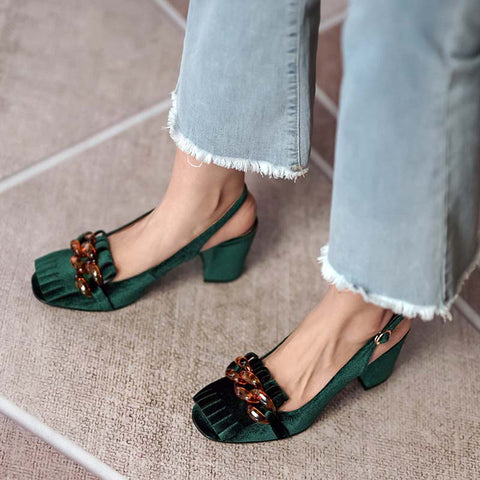 Sandales vertes vintage retro à frange shoes femme classique